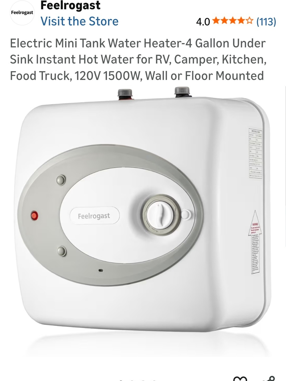 Feelrogast Electric Mini Tank Water Heater in White and Gray